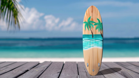 A vibrant surfboard stands on a wooden deck in front of a stunning tropical beach, showcasing clear blue water and lush palm trees under a sunny sky.の素材