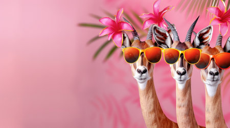 This whimsical image features three gazelles wearing bright sunglasses, adorned with tropical flowers. The pink background enhances the playful and fun atmosphere, making it ideal for vibrant summer themes.の素材