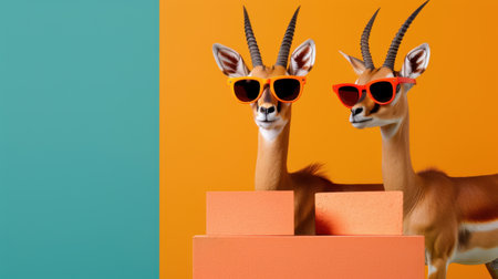 Two playful antelopes wear trendy sunglasses while posing next to colorful blocks, set against a vibrant orange and teal background, creating a fun scene.の素材