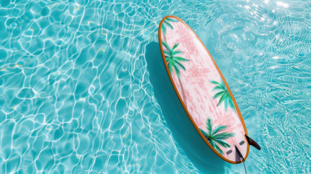 A vibrant surfboard featuring a palm tree design floats effortlessly on the clear surface of tropical water, evoking feelings of leisure and adventure.の素材
