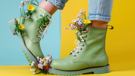 A pair of stylish green boots adorned with fresh flowers stands against a vibrant yellow and blue backdrop, showcasing a fusion of fashion and nature.の素材