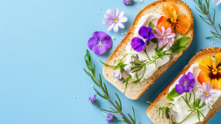 A stunning sandwich featuring soft cheese, vibrant edible flowers, and fresh herbs, beautifully arranged on a light blue background for an inviting presentation.の素材