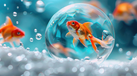 A vibrant goldfish gracefully swims inside a crystal clear bubble, surrounded by shimmering bubbles and soft white sand, creating a serene underwater scene.の素材