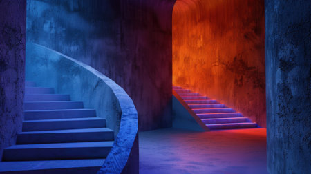 This captivating abstract scene features illuminated staircases in blue and orange tones, creating a striking contrast. The unique design evokes a surreal atmosphere, perfect for artistic or modern themes.の素材