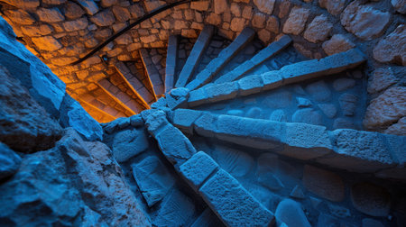 A stunning view of a spiral staircase crafted from textured stone, illuminated by warm lighting. The image captures the architectural design and depth, inviting exploration.の素材