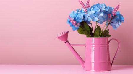 A charming pink watering can holds bright blue hydrangeas, creating a lovely decor accent. Ideal for gardening themes and floral arrangements in home settings.の素材