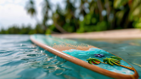 A vibrant surfboard rests gently on calm water, surrounded by lush palm trees and a serene tropical landscape, capturing the essence of a perfect summer day.の素材
