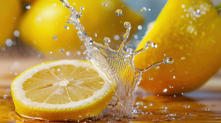 A vibrant lemon slice is captured mid-splash in water on a wooden surface, showcasing the freshness and juiciness of citrus fruit in stunning detail.の素材