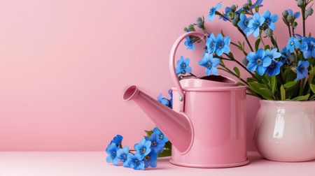 A delightful still life features a pink watering can and a bouquet of blue flowers in a vase, set against a gentle pink background, perfect for gardening themes.の素材