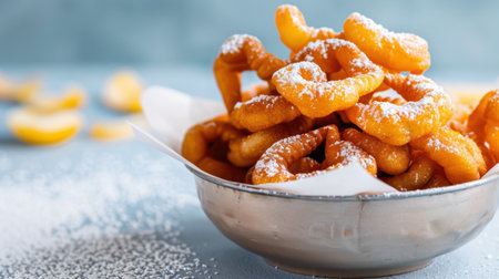 A vibrant and inviting bowl filled with crispy sweet twists, lightly dusted with powdered sugar, perfect for any treat loverの素材