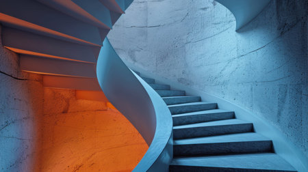 A stunning view of an elegant spiral staircase, showcasing modern architecture. The interplay of soft orange and blue lighting highlights the unique texture and curves of the design, creating a captivating visual experience.の素材