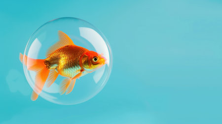 A vibrant goldfish is gracefully swimming inside a transparent bubble, set against a soothing blue background. This captivating image evokes tranquility and charm.の素材