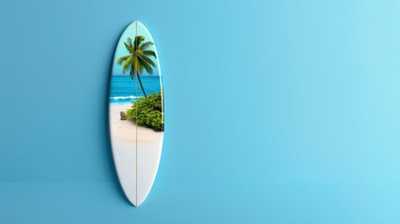 A vibrant surfboard featuring a palm tree design set against a smooth blue background, evoking the essence of tropical beaches and summer adventures.の素材