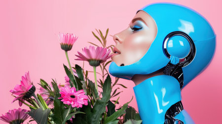 A stunning portrait of a futuristic robot woman adorned with a sleek blue helmet, showcasing a harmonious blend of technology and nature with vibrant pink flowers.の素材