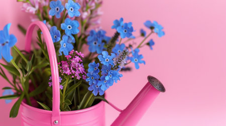 A charming pink watering can brimming with delightful blue and purple flowers creates a cheerful display against a soft pink backdrop, perfect for spring and garden enthusiasts.の素材