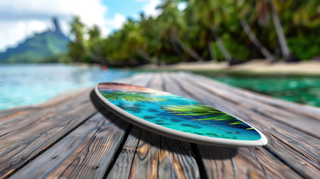 A beautifully designed surfboard rests on a wooden dock, surrounded by a stunning tropical beach and lush palm trees, inviting you to explore the ocean.の素材