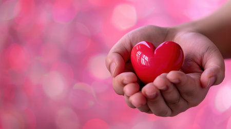A close-up image of a hand gently holding a glossy red heart against a soft pink backdrop, symbolizing love, kindness, and emotional connection.の素材