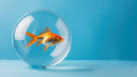 A vibrant goldfish swims gracefully inside a clear sphere, set against a bright blue background, capturing a serene and playful essence of aquatic life.の素材