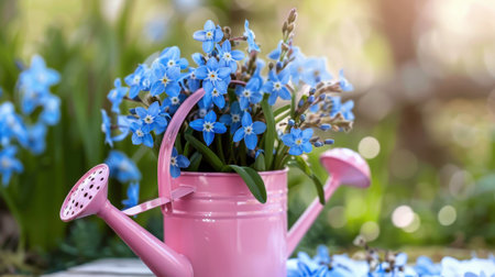 A delightful composition featuring a pink watering can filled with vibrant blue flowers, set against a soft, blurred garden background, capturing the essence of spring.の素材