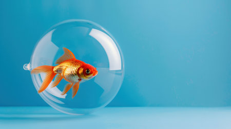 A vibrant goldfish swims inside a transparent sphere, set against a calming blue background. This unique composition captures the essence of tranquility and creativity in aquatic themes.の素材