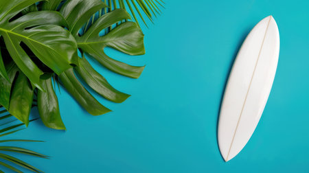 A white surfboard rests elegantly against a vibrant blue background, surrounded by lush green tropical leaves, evoking a perfect summer beach atmosphere.の素材