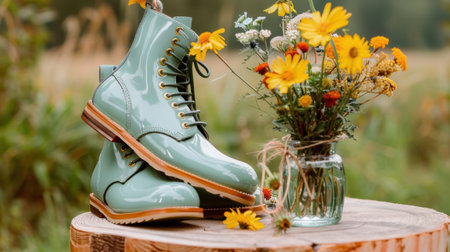 A pair of stylish green boots rests on a rustic wooden table, accompanied by a vibrant bouquet of wildflowers, capturing a serene outdoor atmosphere.の素材