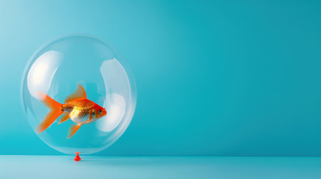 A vibrant goldfish swims gracefully inside a transparent bubble against a soothing blue background, embodying a whimsical and minimalist aesthetic.の素材