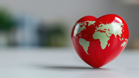 A vibrant red heart displays a world map, symbolizing global love and connection. The soft focus background enhances the theme of unity and compassion.の素材