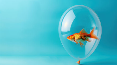 A striking image featuring a goldfish gracefully swimming inside a clear balloon, set against a soothing light blue backdrop, embodying whimsy and creativity.の素材