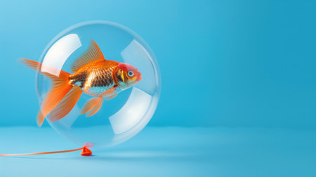 A lively goldfish swims inside a clear bubble against a bright blue backdrop, creating a whimsical and playful atmosphere perfect for aquatic-themed designs.の素材