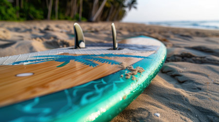 A stunning close-up view of a surfboard resting on soft sand, surrounded by lush green palm trees, capturing the essence of summer adventures at sunrise.の素材