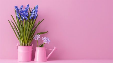 Delightful arrangement of vibrant blue flowers in a stylish pink pot next to a pink watering can, set against a cheerful pink backdrop, ideal for spring gardening.の素材