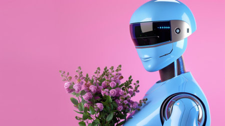 A sleek robot holds a vibrant bouquet against a soft pink background, blending technology and nature in a visually striking composition. Perfect for futuristic themes.の素材