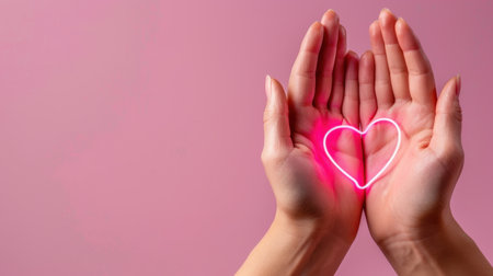 Two hands gently hold a glowing pink neon heart against a soft pink background, symbolizing affection, love, and emotional connection in a modern style.の素材