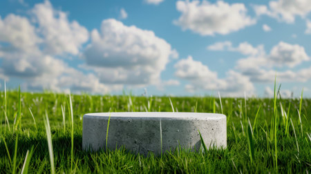 A smooth concrete circular platform lies in vibrant lush grass, set against a beautiful blue sky filled with fluffy clouds, creating a serene outdoor space.の素材