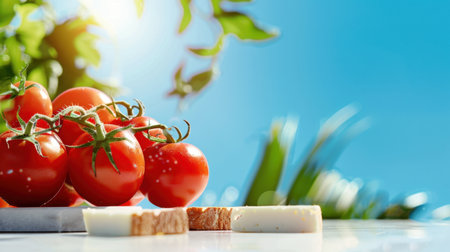A lively arrangement of fresh red tomatoes beside cheese and bread under bright sunlight, showcasing vibrant colors against a blue sky, perfect for food lovers.の素材