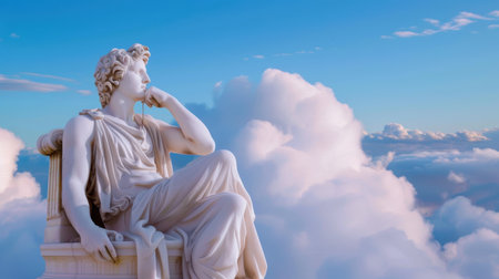A serene classical statue sits thoughtfully atop fluffy clouds under a bright blue sky, embodying beauty and tranquility, inspiring reflection and imagination.の素材