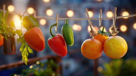 This captivating image showcases a variety of colorful vegetables and citrus fruits hanging in a picturesque manner, set against a blurred background with warm lights, evoking a lively and fresh atmosphere that highlights organic produce.の素材