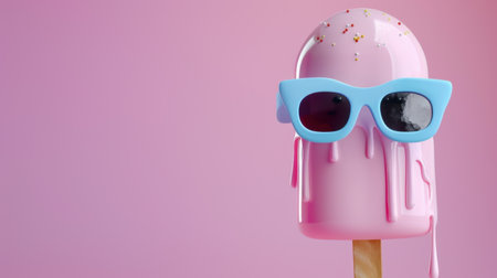 This vibrant ice cream treat wears stylish sunglasses, exuding summer fun. The melting pink dessert adds a playful and cheerful touch to any project.の素材
