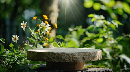 A beautiful natural stone garden table sits serenely in a lush outdoor setting, surrounded by vibrant wildflowers and bathed in soft sunlight.の素材