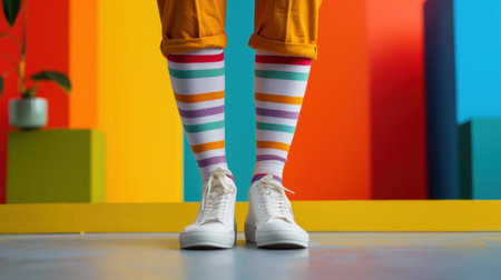 A bright and playful scene featuring colorful striped socks paired with white sneakers, creating a cheerful atmosphere in a vibrant indoor setting.の素材