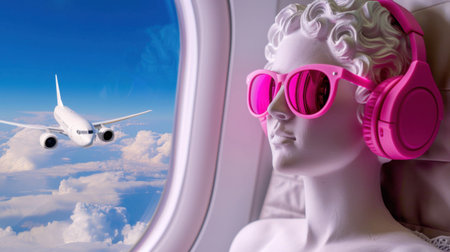 A vibrant scene featuring a stylish mannequin wearing pink headphones and sunglasses, enjoying a breathtaking flight view of clouds and a distant airplane.の素材