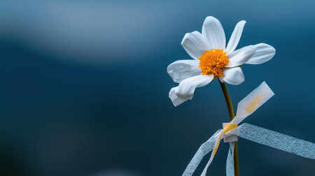 A stunning close-up of a delicate white flower with a bright yellow center, beautifully tied with a soft ribbon, set against a serene blurred blue background.の素材