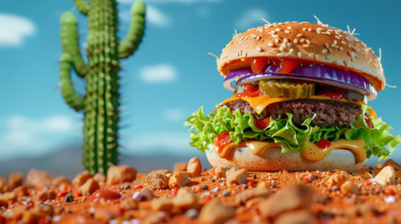 A visually striking image of a juicy burger loaded with fresh toppings, set against a vibrant desert background featuring a cactus. Perfect for food lovers!の素材