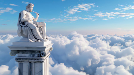 A beautiful statue of a seated figure playing a flute on a tall column, surrounded by soft, fluffy clouds. The vivid blue sky creates a serene and tranquil atmosphere, perfect for evoking imagination and inspiration.の素材