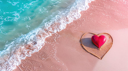 A vibrant red heart object rests on soft sand, surrounded by gentle waves and clear water, evoking feelings of love and tranquility at the beach.の素材