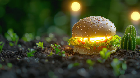 Captivating image of a delicious hamburger featuring fresh vegetables, placed on rich soil with soft lighting, evoking an organic and appetizing feel.の素材