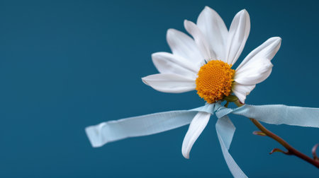 A pristine white daisy features a vibrant yellow center, elegantly tied with a delicate blue ribbon against a soft blue backdrop, ideal for nature themes.の素材