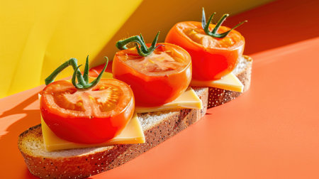 A vibrant open-faced sandwich featuring fresh tomato slices on cheese and bread, perfect for a healthy snack or meal. Bright colors enhance the appeal.の素材