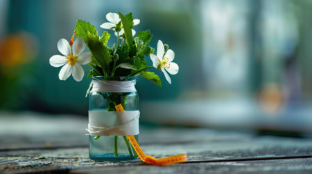 A charming arrangement of fresh white flowers in a glass jar adorned with decorative ribbon, set against a rustic wooden table. Emphasizing simplicity and natural beauty, this image captures a serene moment ideal for home decor inspiration or floral design showcases.の素材